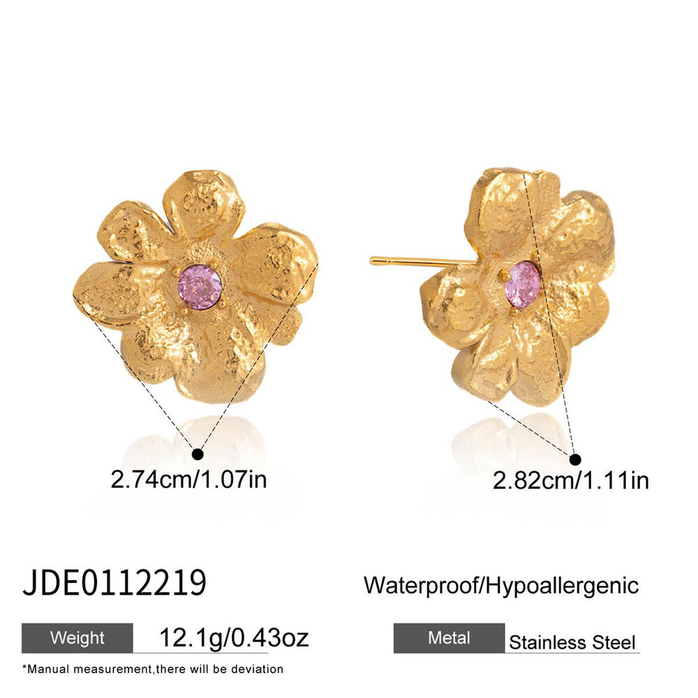Orecchini a perno da donna in acciaio inossidabile color oro con zirconi, a forma di fiore in stile retrò, impermeabili.