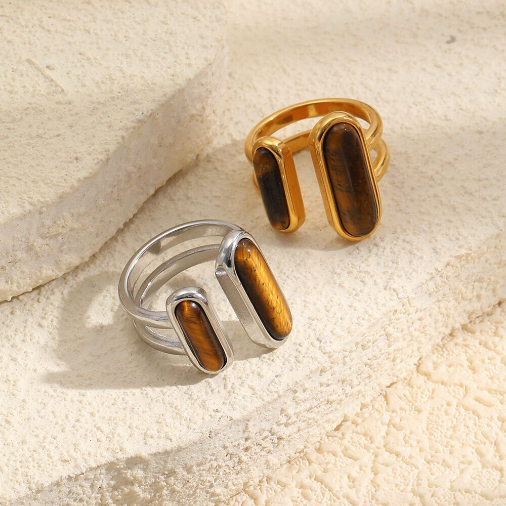 Semplice anello da donna rettangolare in acciaio inossidabile color oro, impermeabile, con pietra naturale, stile retrò.
