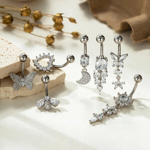 Piercing all'ombelico semplice con fiore, cuore, farfalla e luna, in rame e oro con zirconi. h5 Immagine6
