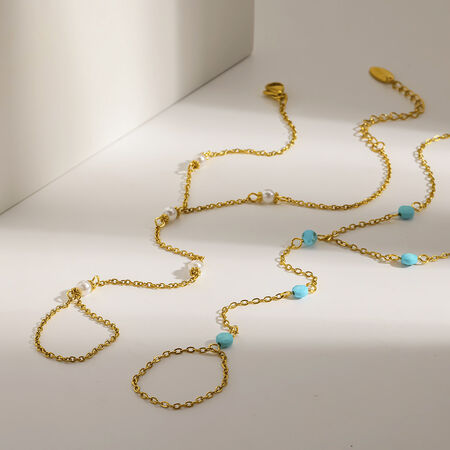 Bohemian Chain Circle Stainless Steel Waterproof Gold Color Natural Stone Artificial Pearl Women's Hand Chain 2