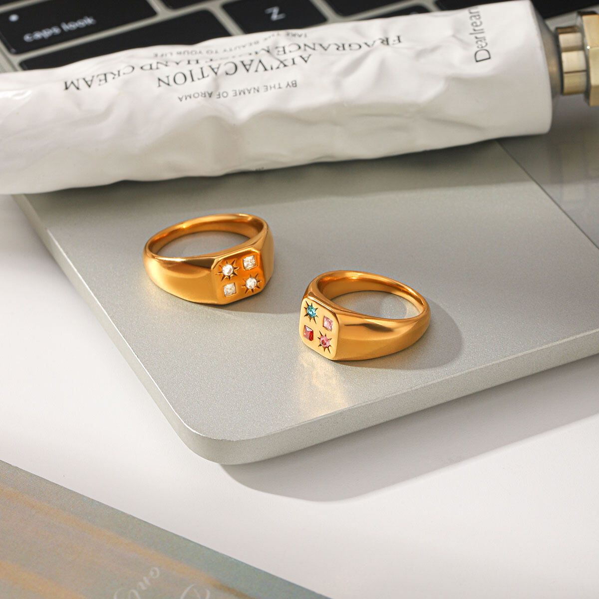 Simple Daily Sun Rectangle Stainless Steel Waterproof   Gold Color  Zircon Women's Gemstone Rings