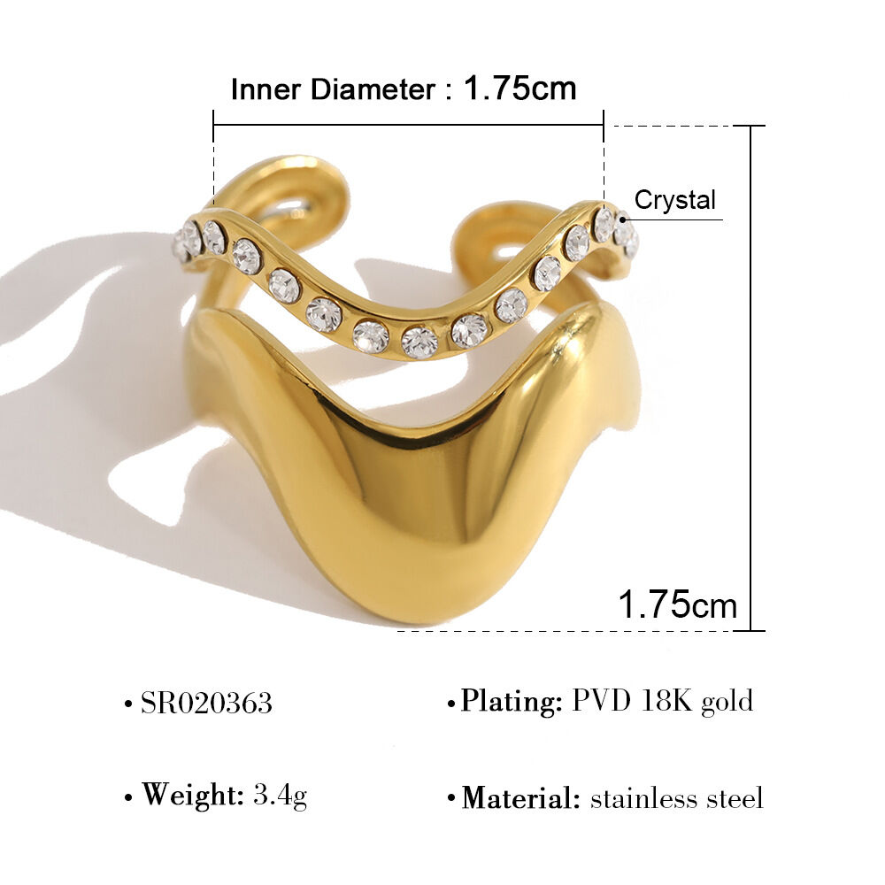Simple Lines Stainless Steel Waterproof Gold Color Rhinestone Statement Rings