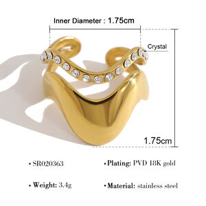 Simple Lines Stainless Steel Waterproof Gold Color Rhinestone Statement Rings h5