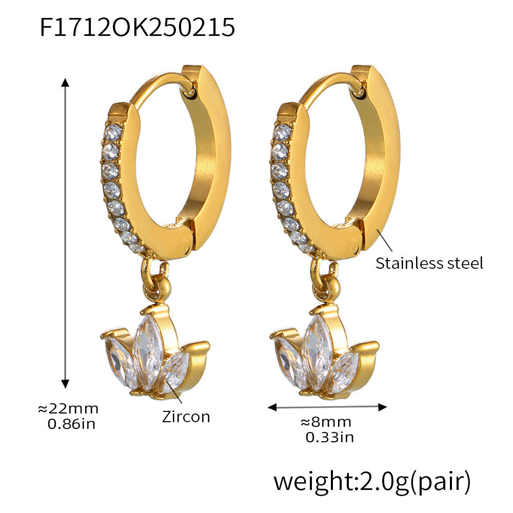 Flower Stainless Steel Waterproof Gold Color Zircon Women's Drop Earrings 
