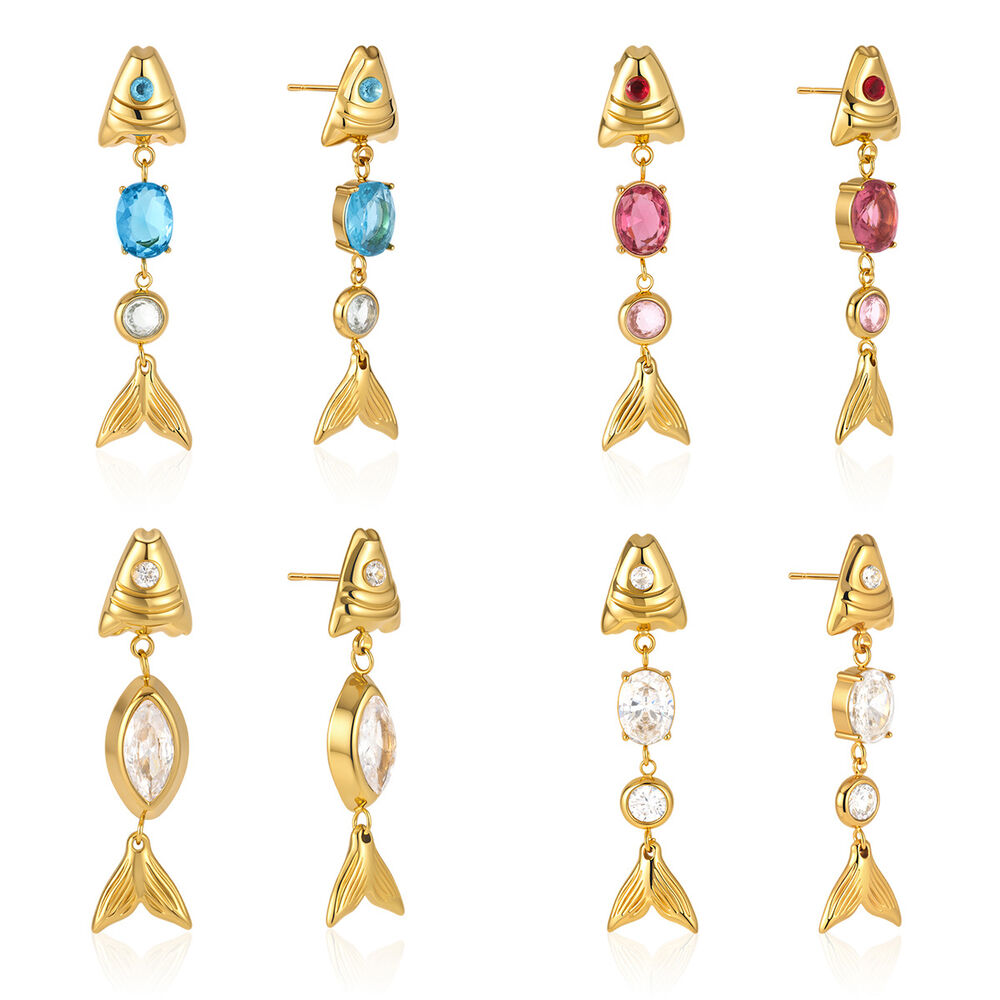 Luxurious Series Retro Fish Stainless Steel Waterproof Gold Color Zircon Women's Dangle Earrings h5Picture5