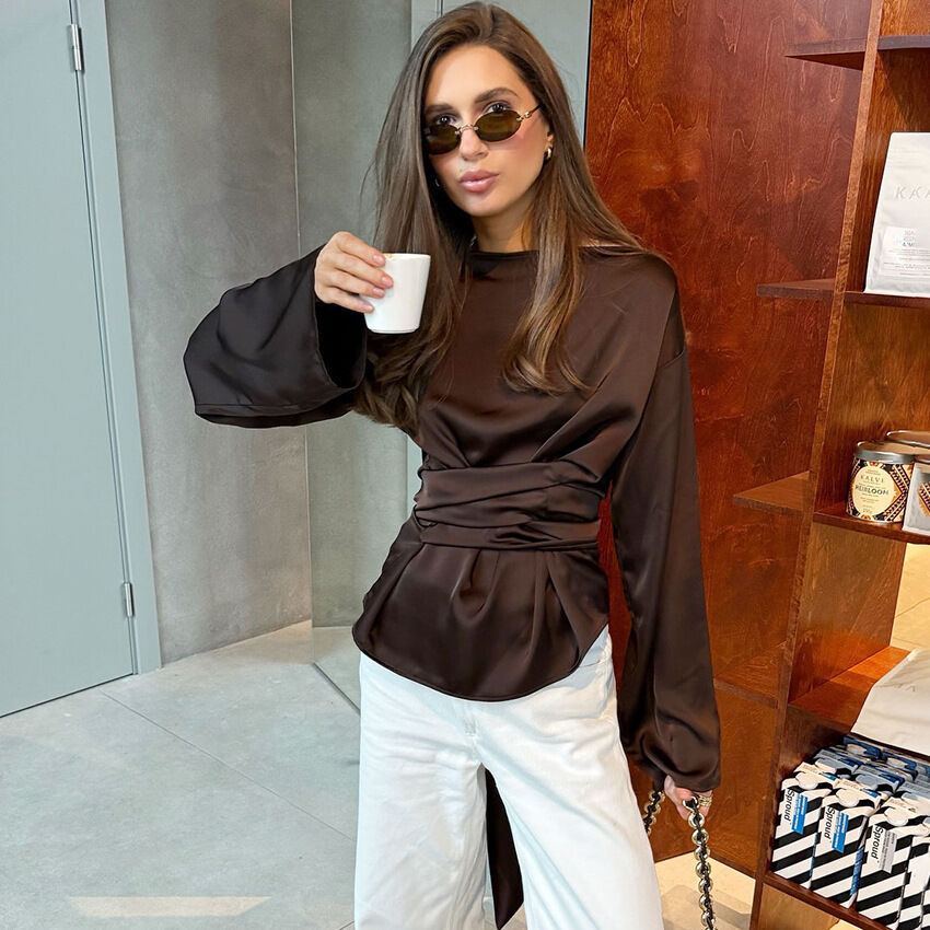 Daily Simple  Retro Brown Lacing Long Sleeve Tops