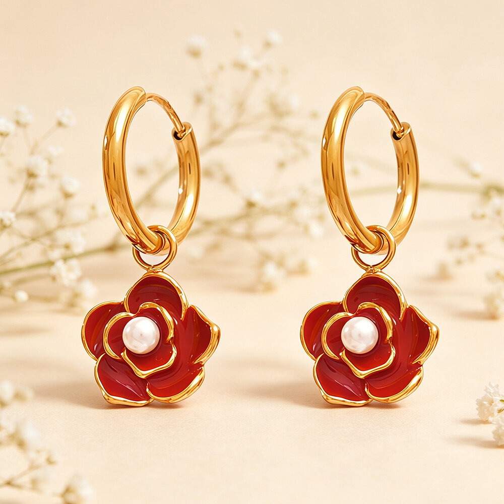Simple Series Daily Flower Stainless Steel Waterproof Gold Color Women's Hoop Earrings h5Picture4