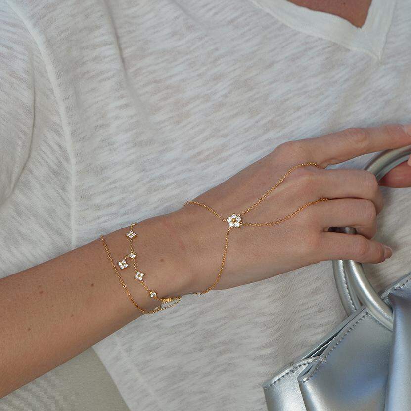 Elegant Flower Clover Stainless Steel Waterproof Gold Color Zircon Women's Hand Chain