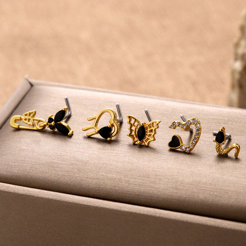 Einfacher Nasenstecker für Damen in Herz-, Schlangen- und Schmetterlingsform, kupfer- und goldfarben mit Zirkonia. 2