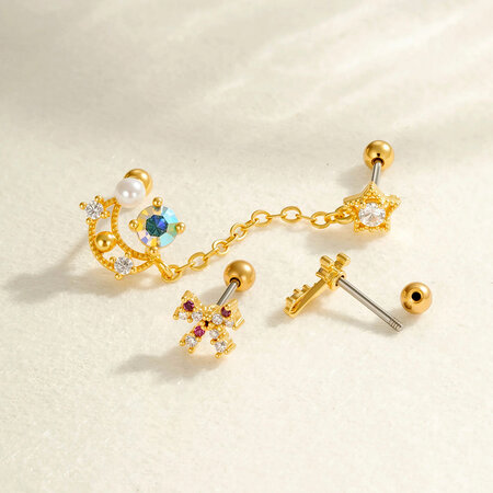 Simple Series Heart Bow Knot Star Copper Gold Color Zircon Women's Piercing Earrings 2