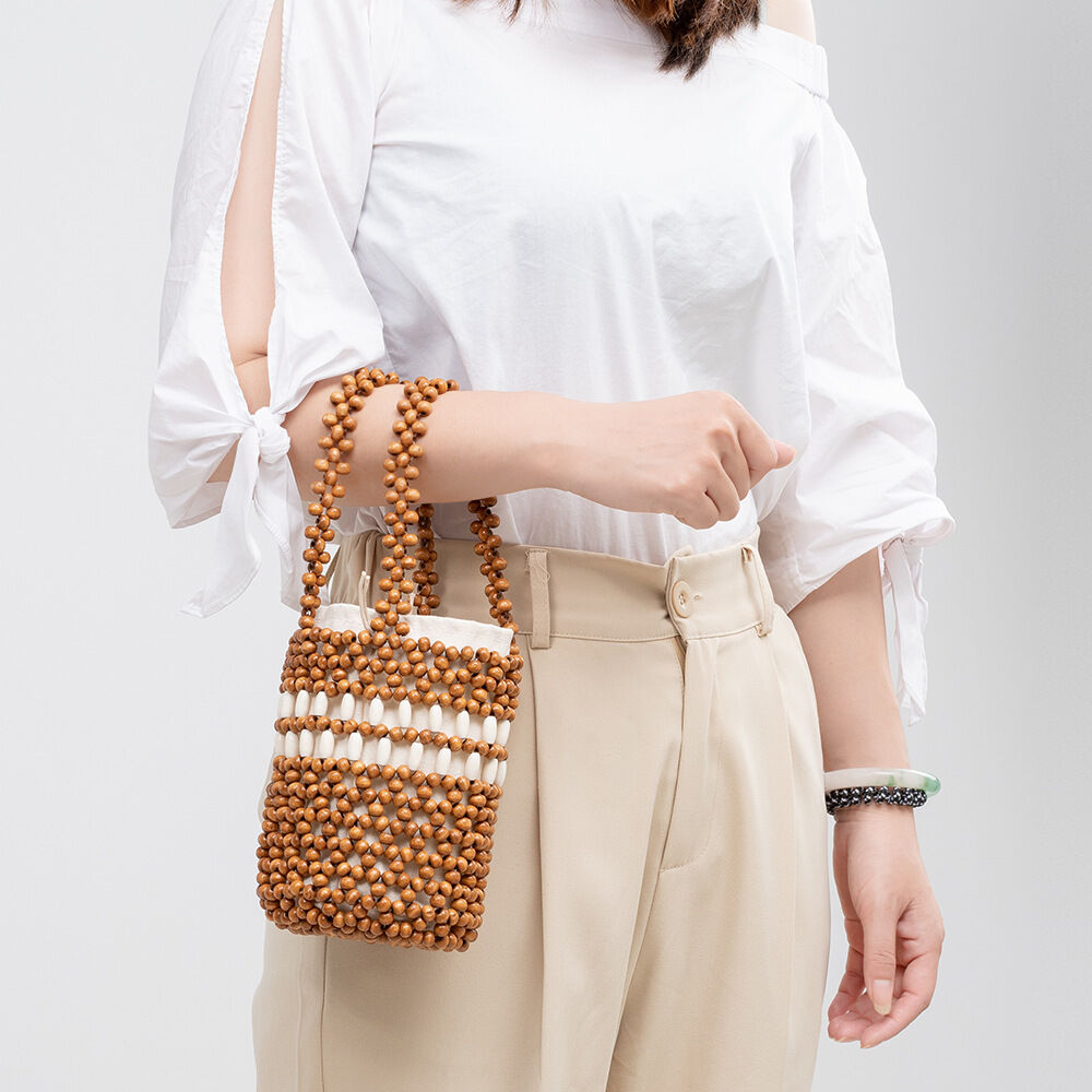 Vacation Style Woven Beads Hollowed-Out Mixed Color Wood Women's Bucket Bag h5Picture3