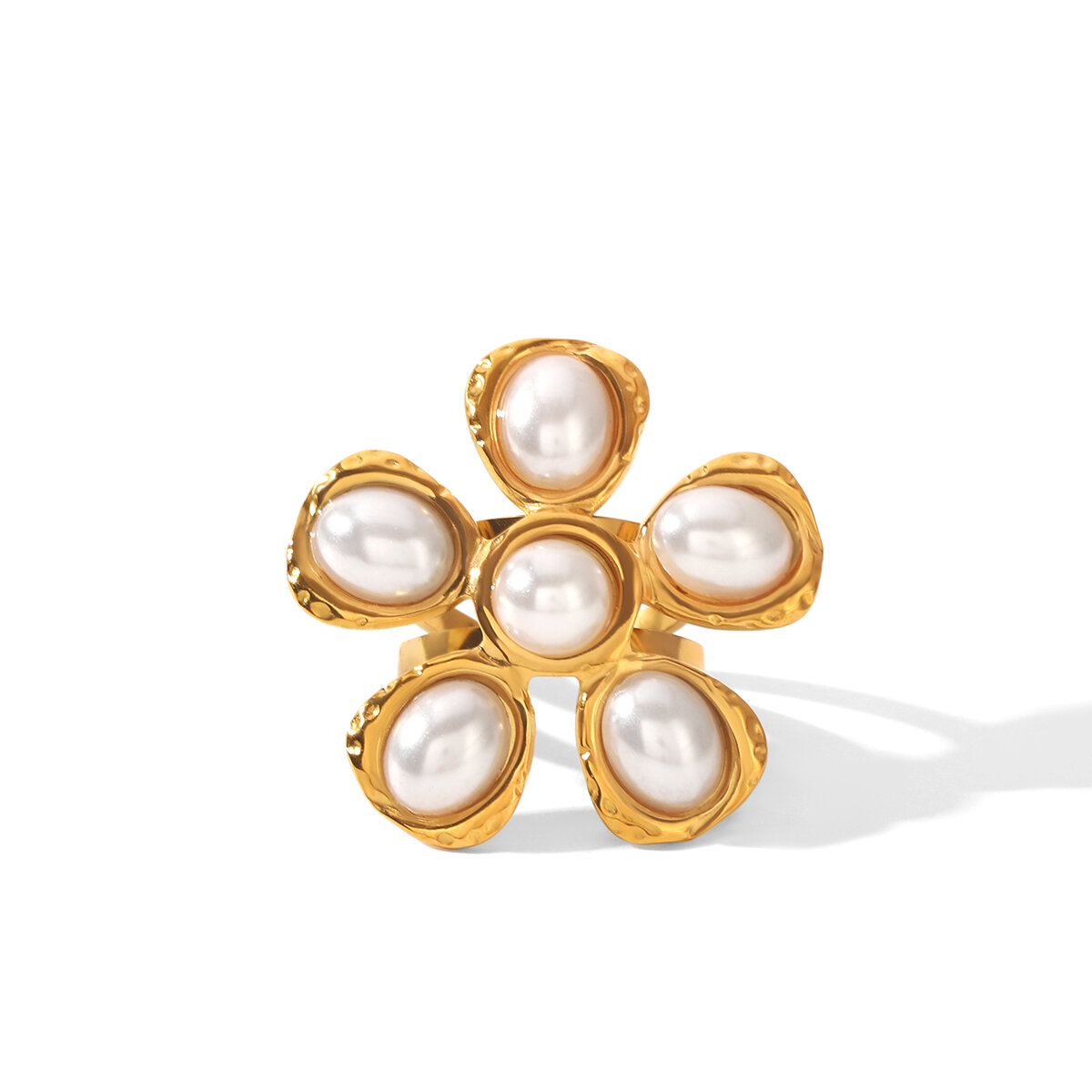Daily Flower Stainless Steel Waterproof Gold Color Natural Stone Pearl Women's Gemstone Rings h5