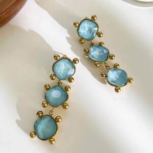 Retro Rectangle Stainless Steel Waterproof Gold Color Crystal Women's Dangle Earrings h5 Picture4
