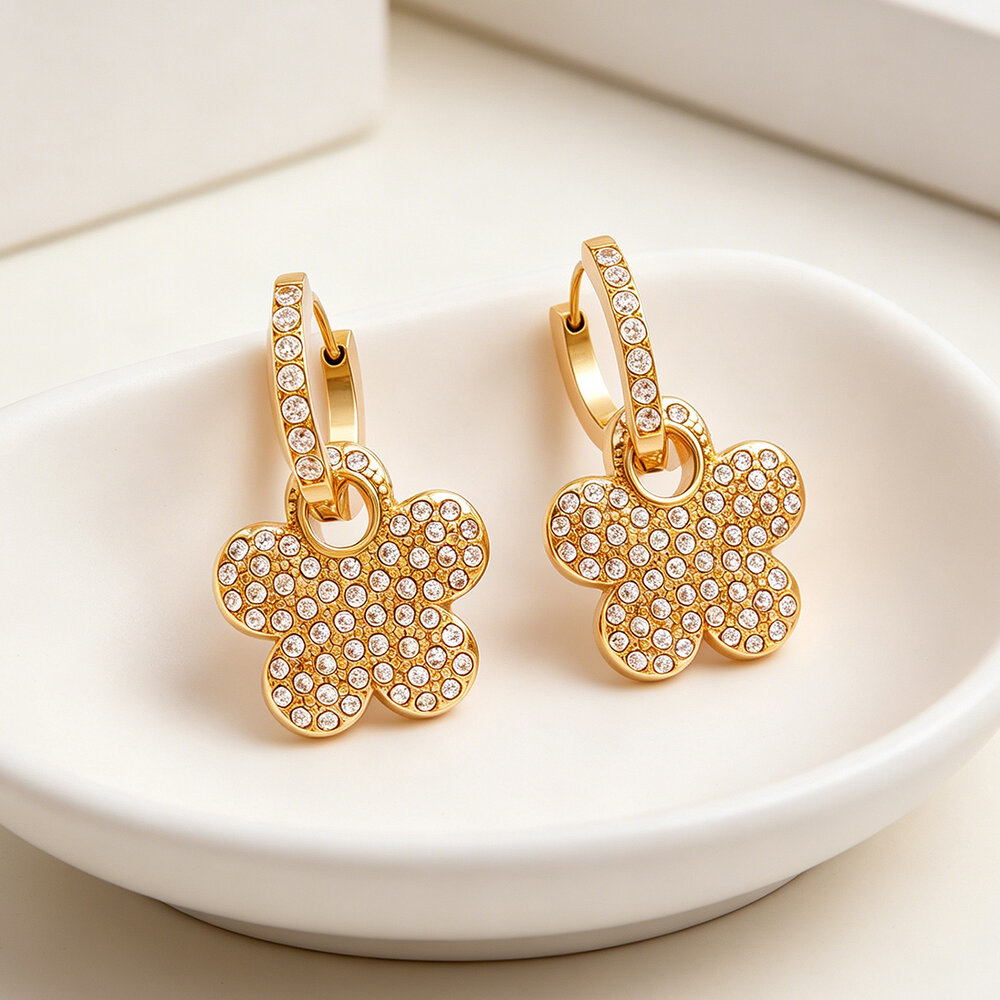 Simple Series Daily Flower Stainless Steel Waterproof Gold Color Women's Hoop Earrings Picture5