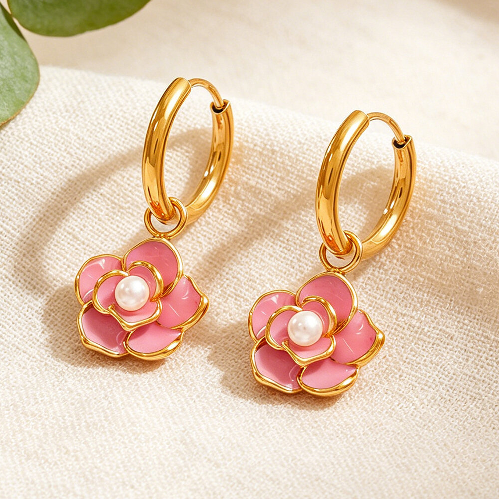 Simple Series Daily Flower Stainless Steel Waterproof Gold Color Women's Hoop Earrings h5Picture4