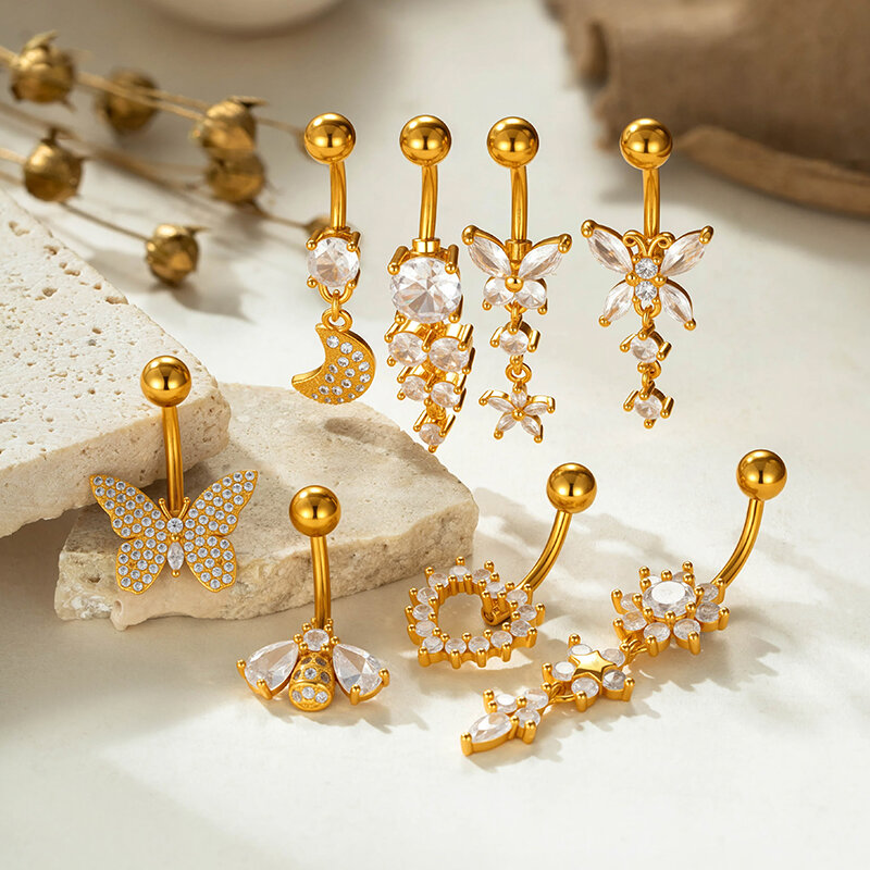 Simple Flower Heart Butterfly Moon Copper   Gold Color  Zircon Navel Piercings