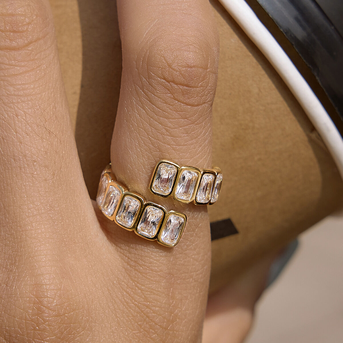 Luxurious Rectangle Stainless Steel Waterproof Gold Color Zircon Women's Gemstone Rings