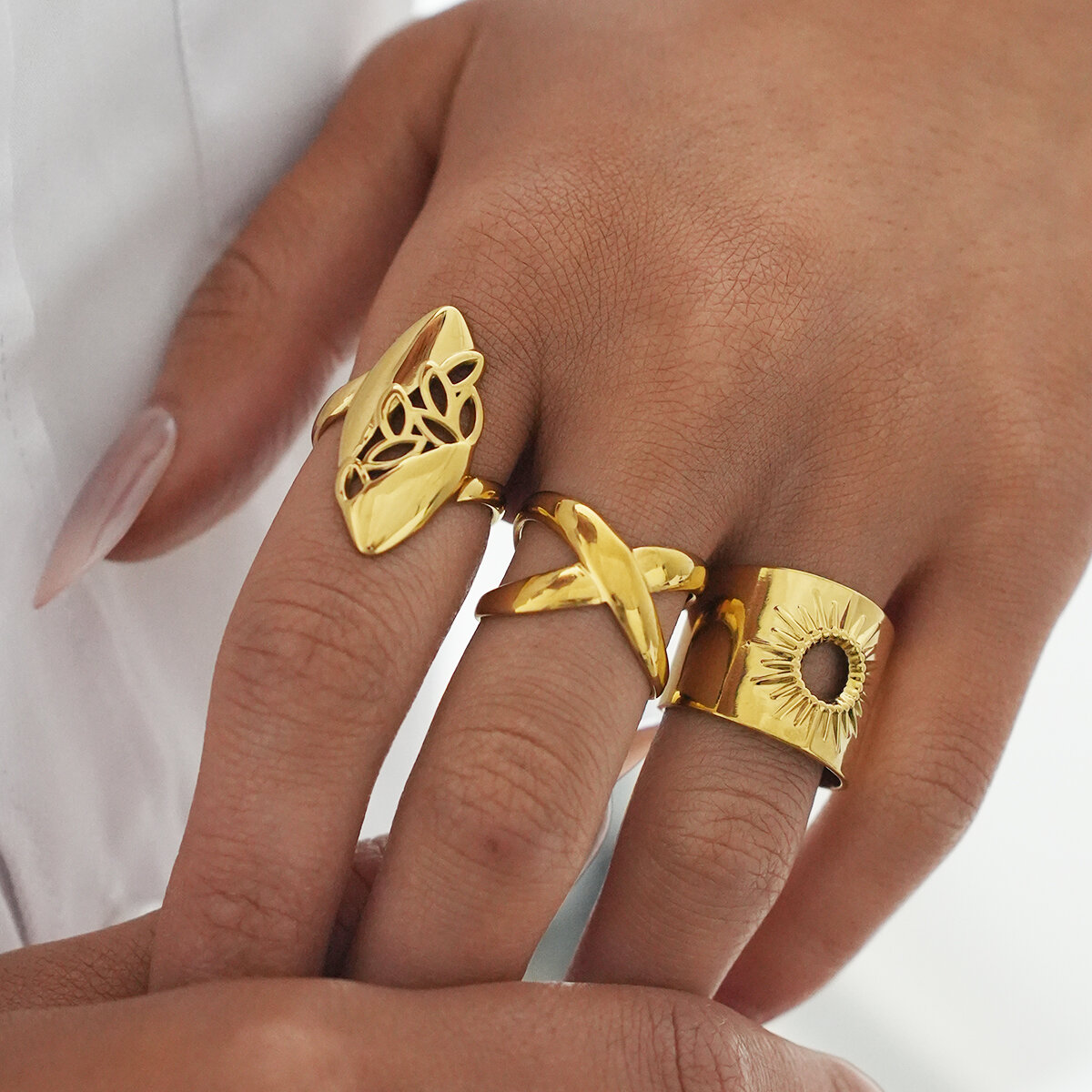 Retro Daily Leaf Circle Lines roestvrijstalen waterdichte statement ringen in goudkleur h5 Afbeelding5