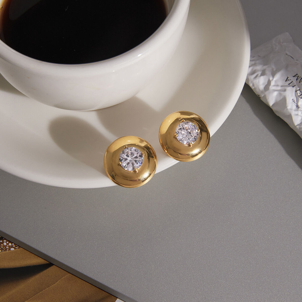 Boucles d'oreilles puces rondes pour femmes, en acier inoxydable, étanches, couleur or, avec zircon. 2
