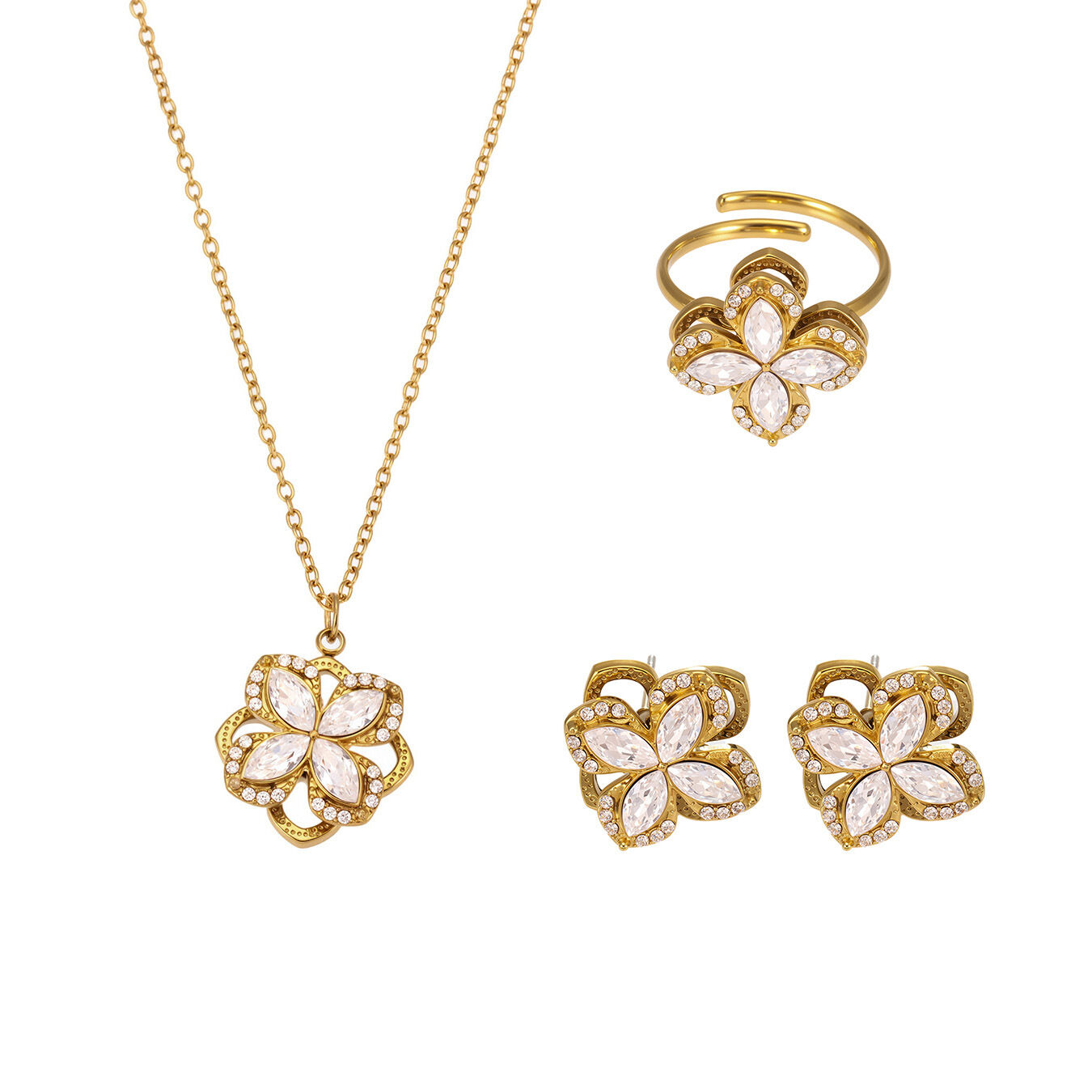 Elegant Flower Stainless Steel Waterproof Gold Color Zircon Women's Necklaces Sets h5 Picture5