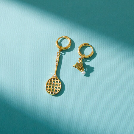 Boucles d'oreilles pendantes pour femme en acier inoxydable, forme raquette de tennis, couleur or, avec zircon, étanches.