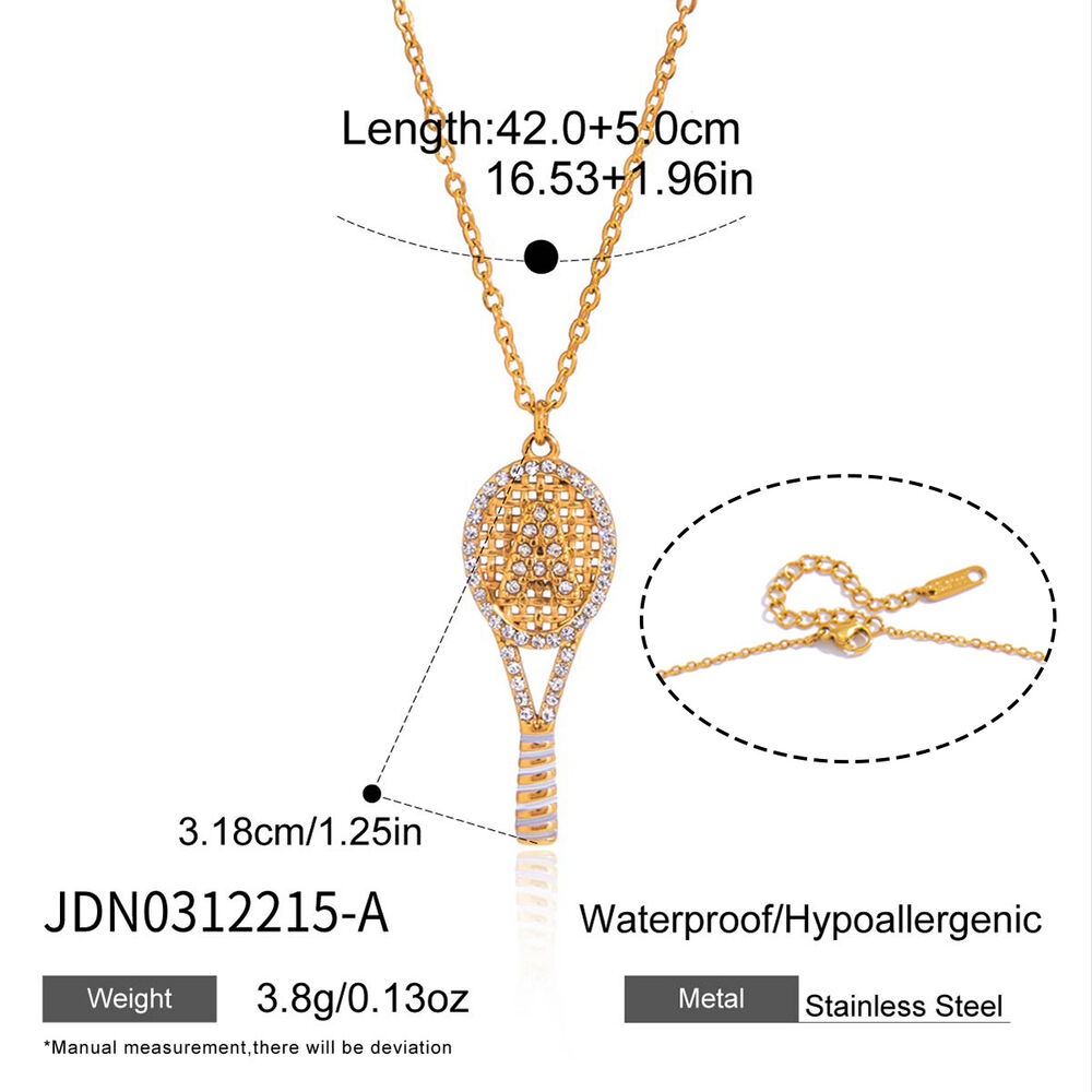 Collana con ciondolo da donna a forma di racchetta da tennis in acciaio inossidabile color oro impermeabile con zirconi.