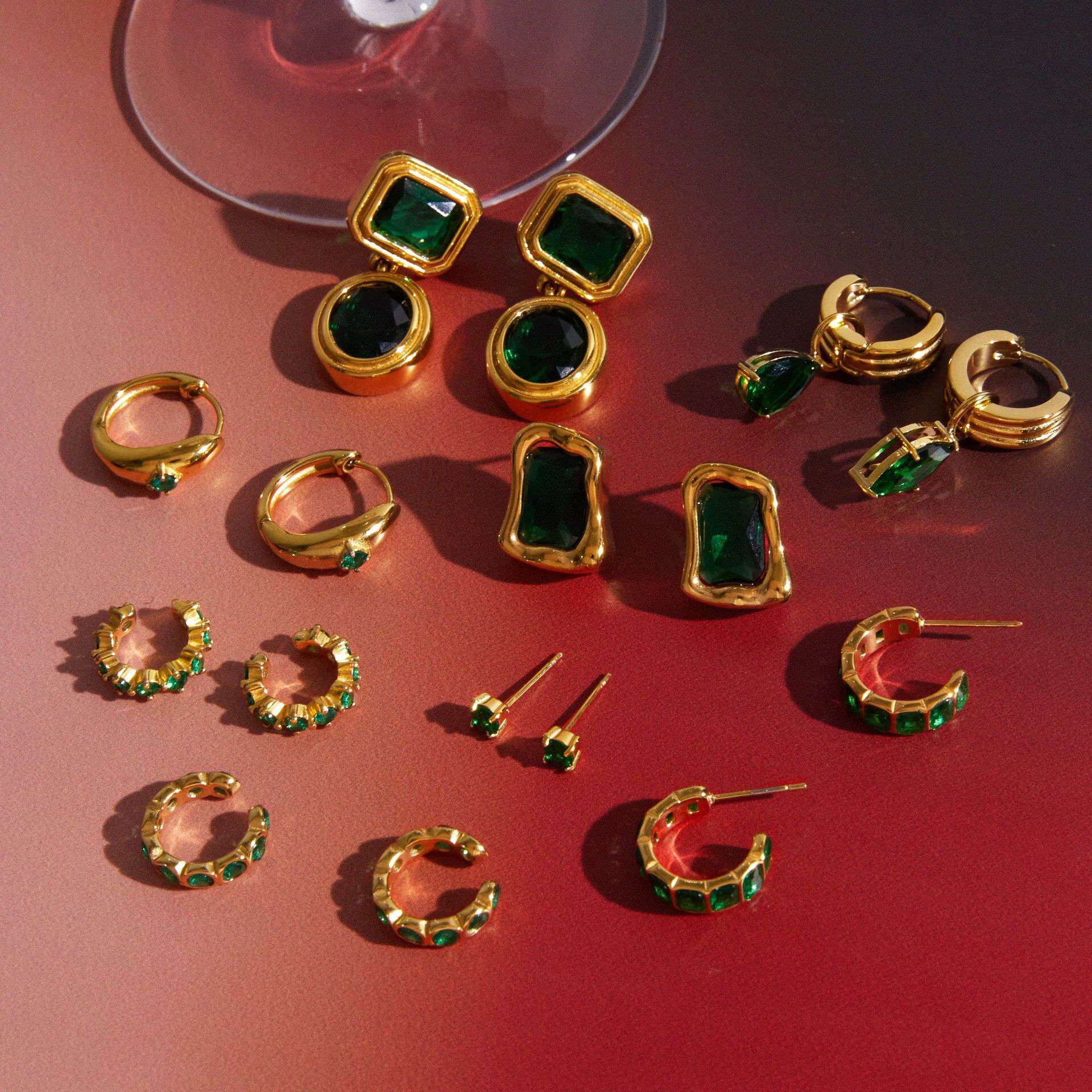 Retro Rectangle Ellipse Shape Stainless Steel Waterproof Gold Color Zircon Women's Earring Sets h5Picture4