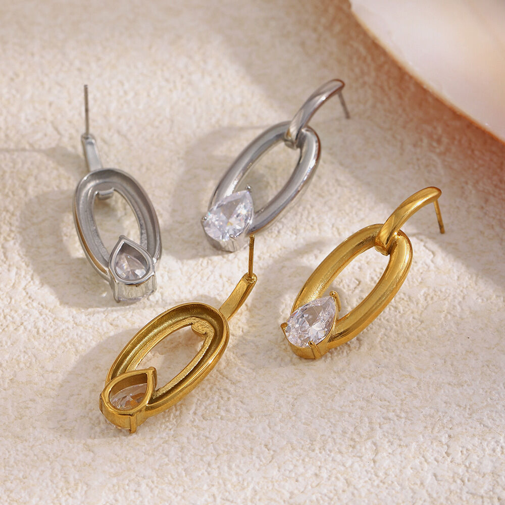 Simple Elegant Ellipse Shape Stainless Steel Waterproof Gold Color Zircon Women's Stud Earrings Picture2