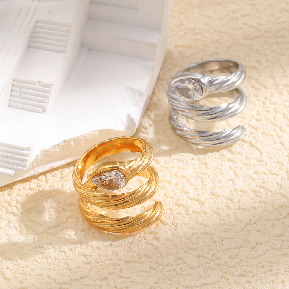 Luxurious Series Daily Irregular Shape Stainless Steel Waterproof   Gold Color  Women's Gemstone Rings 2