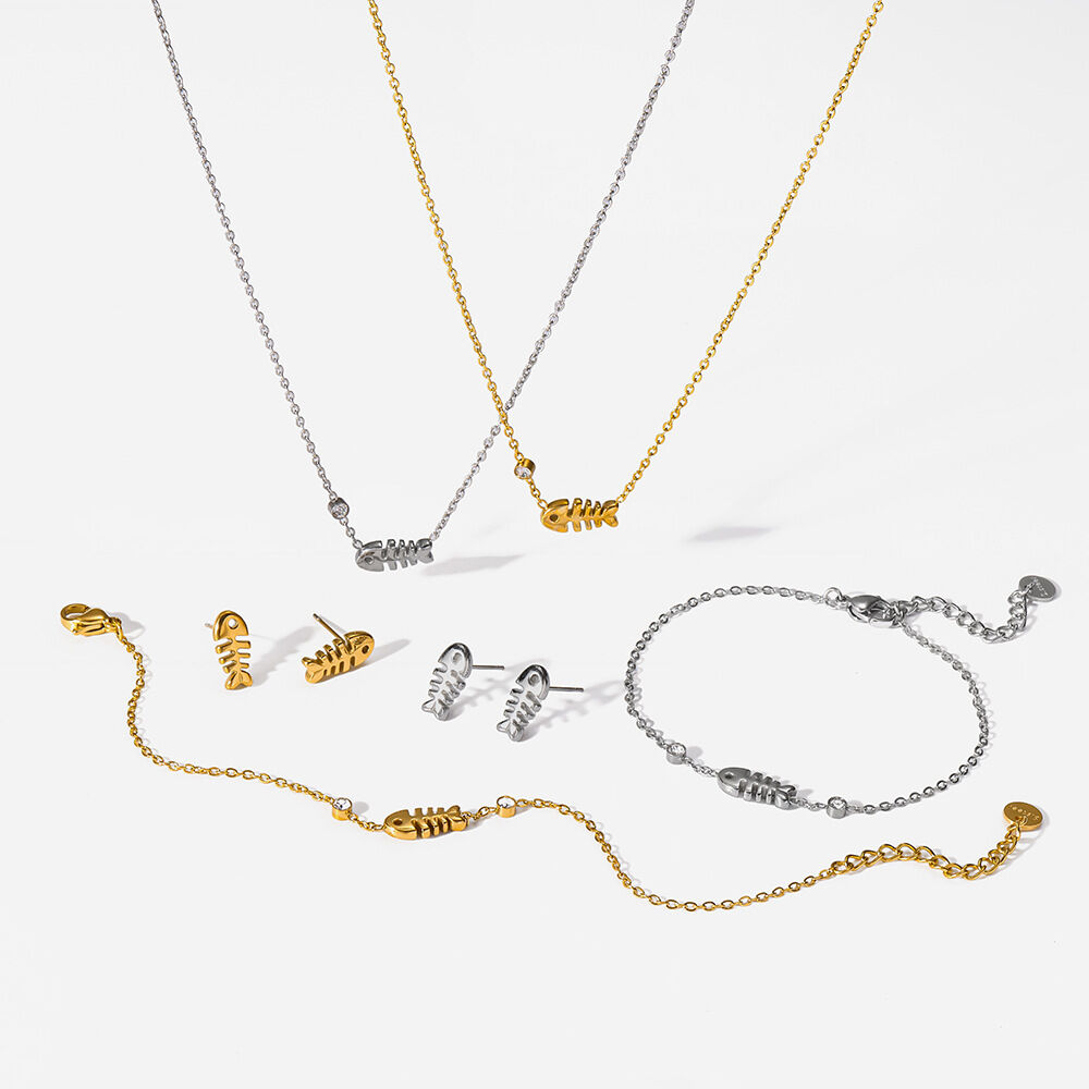 Schmucksets der Simple Series Daily Oceanic Style mit Fischmotiven aus wasserdichtem Edelstahl in Goldfarbe für Damen h5Bild5