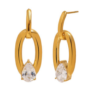 Simple Elegant Ellipse Shape Stainless Steel Waterproof Gold Color Zircon Women's Stud Earrings h5