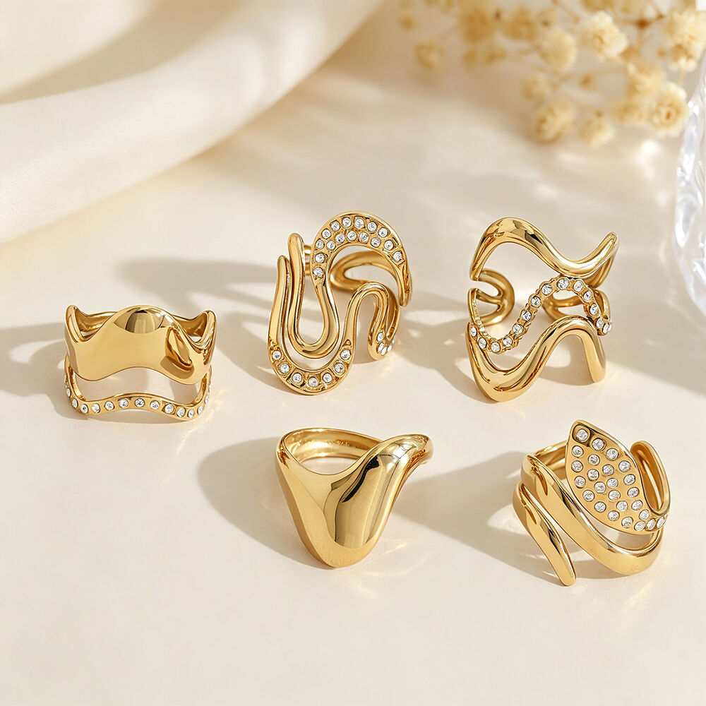 Simple Lines Stainless Steel Waterproof Gold Color Rhinestone Statement Rings h5Picture3