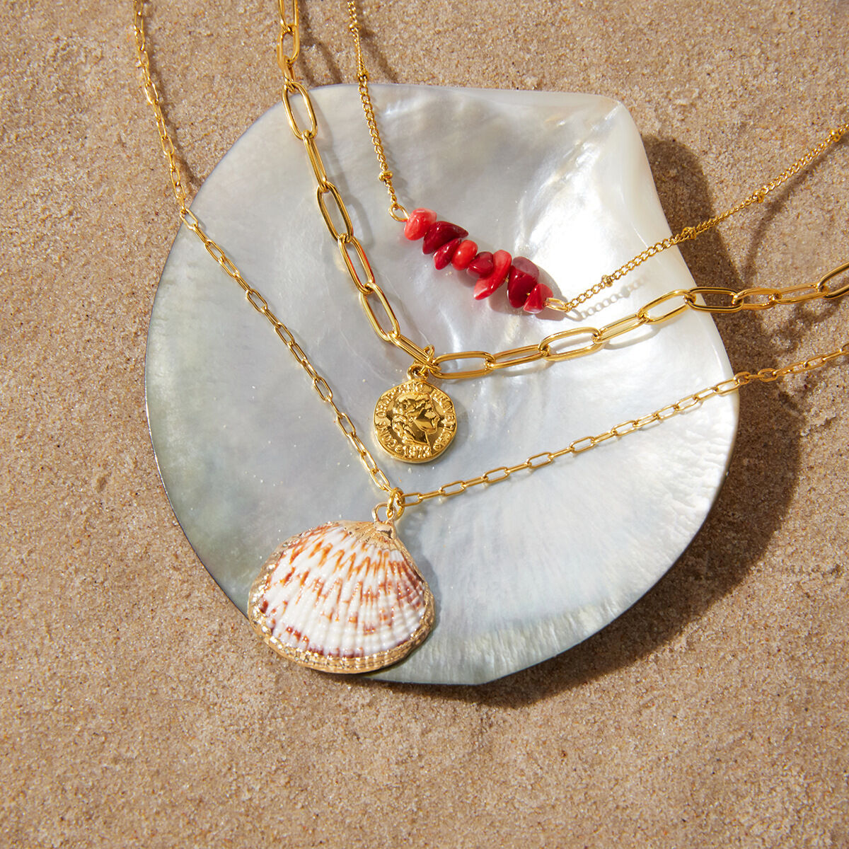 Vacation Shell Stainless Steel Waterproof Gold Color Women's Layered Necklaces Picture2