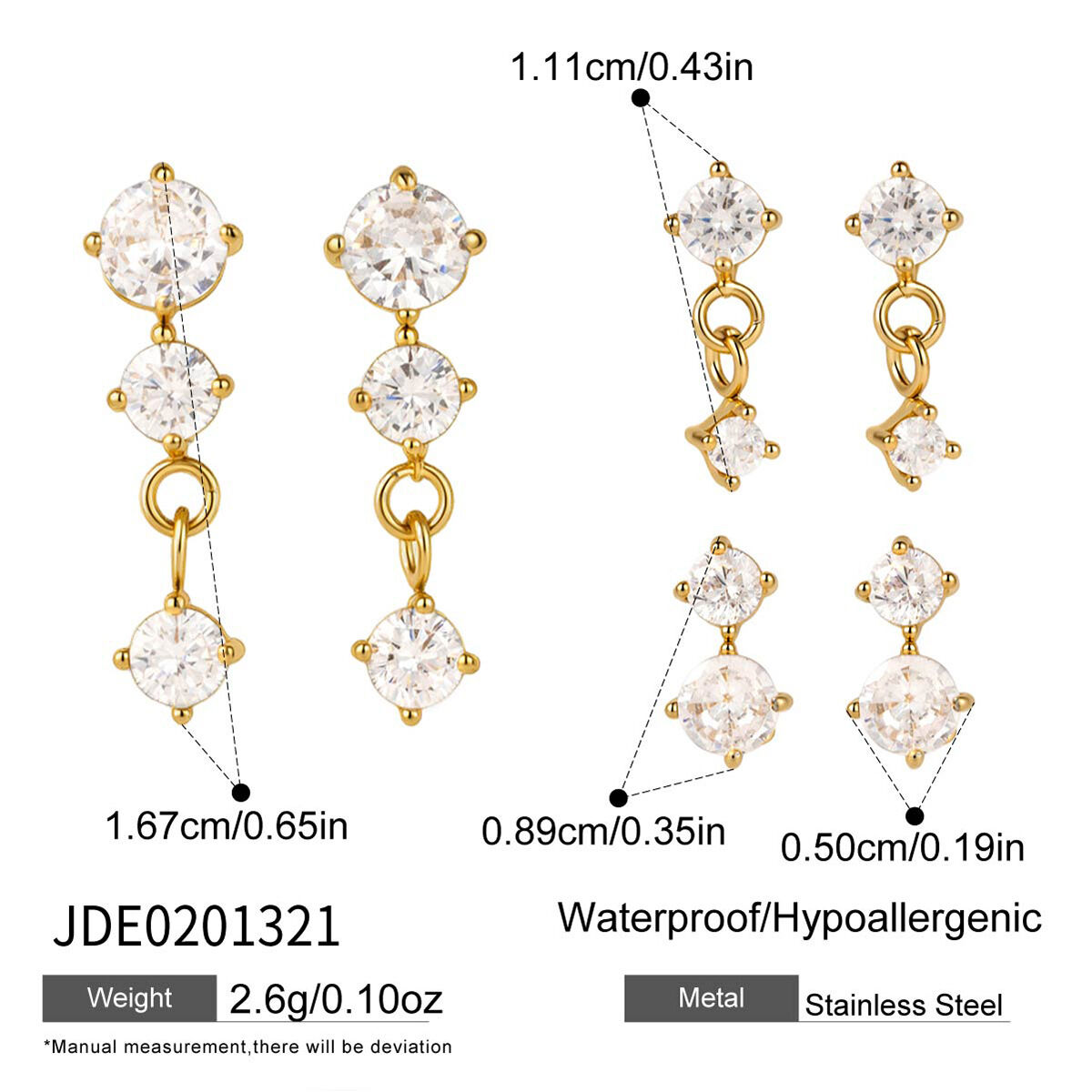 Simple Circle Stainless Steel Waterproof Gold Color Zircon Women's Earring Sets