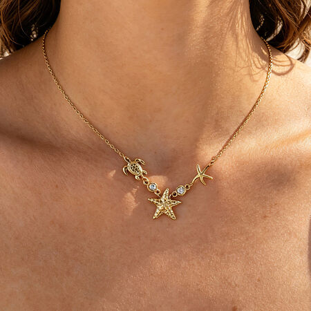 Vacation Starfish Stainless Steel Waterproof Gold Color Crystal Women's Pendant Necklaces