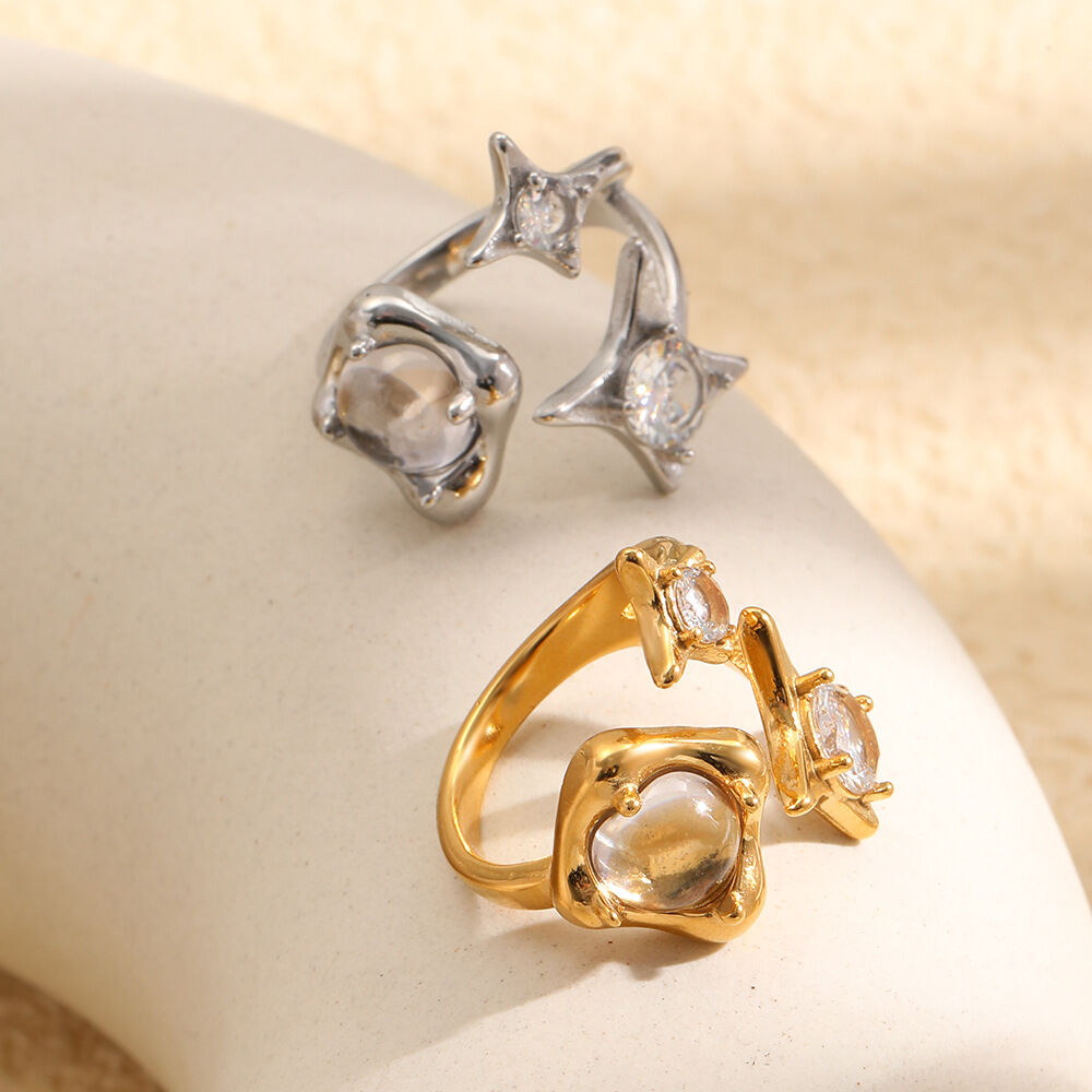 Anelli da donna di lusso, dalla forma irregolare, in acciaio inossidabile, impermeabili, color oro, con zirconi. h5 Immagine3