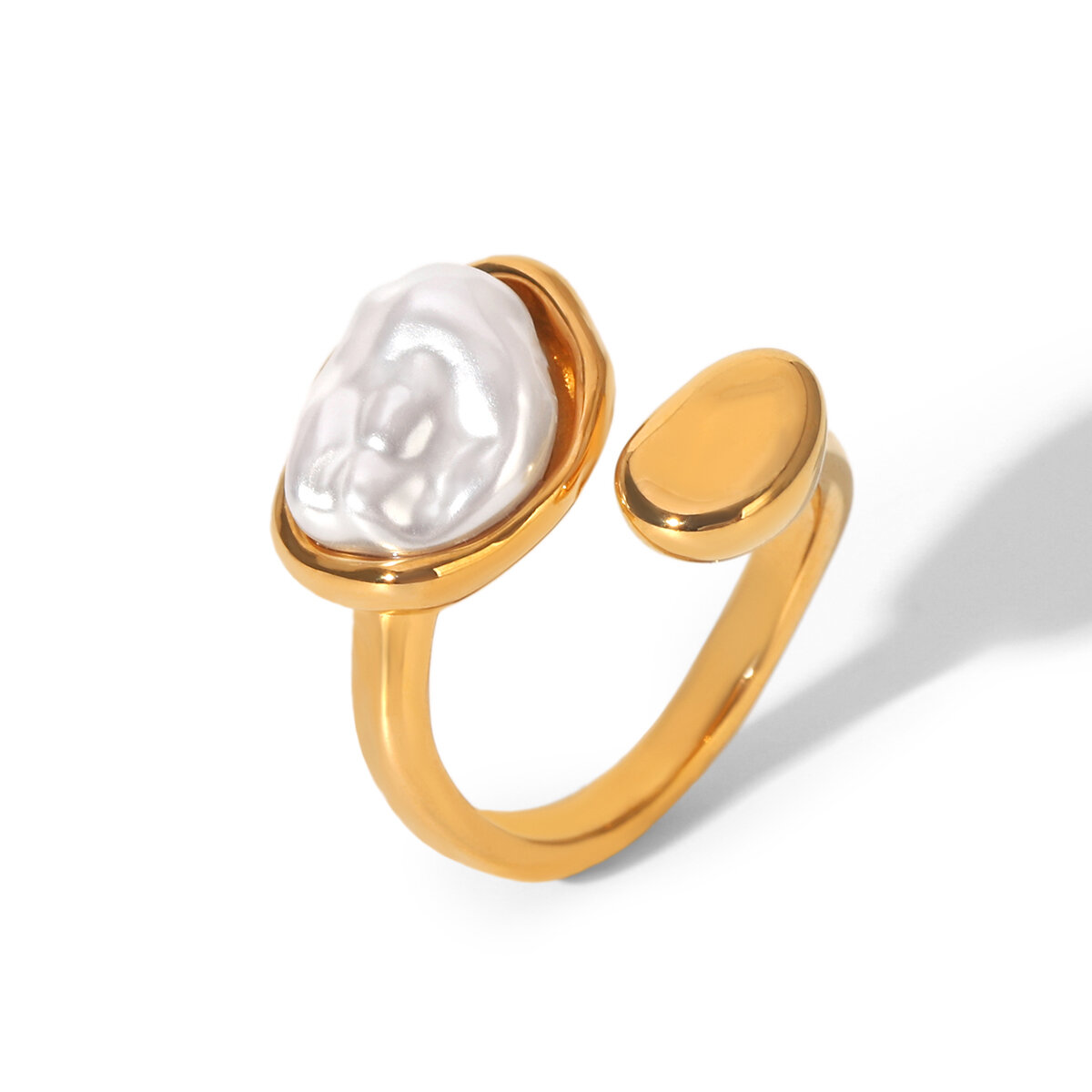 Luxuriöser, unregelmäßig geformter, wasserdichter Damenring aus Edelstahl in Goldfarbe mit Zirkonia und Perle h5 