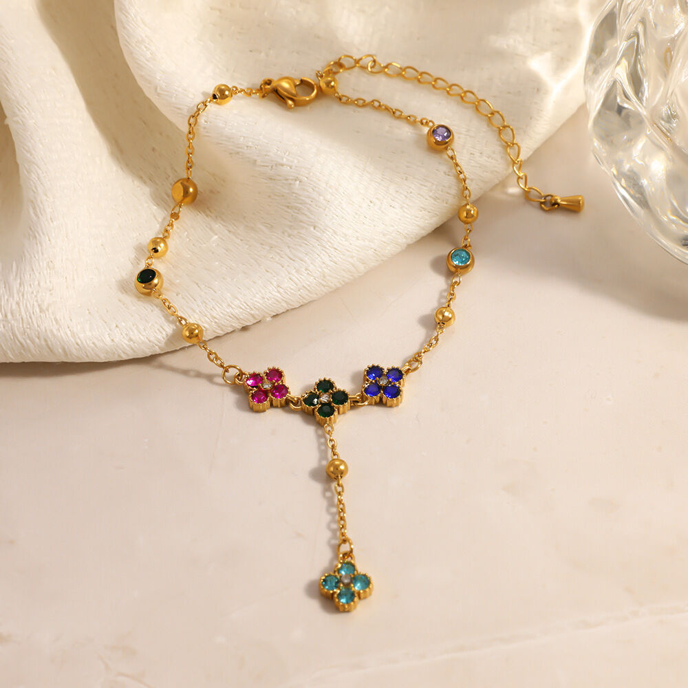 Elegant Flower Stainless Steel Waterproof Gold Color Zircon Anklets Picture3