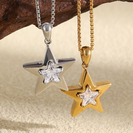 Simple Star Stainless Steel Waterproof Gold Color Zircon Women's Pendant Necklaces
