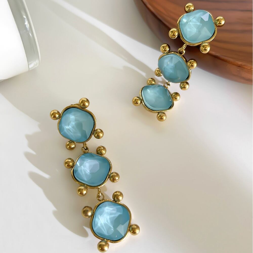Retro Rectangle Stainless Steel Waterproof Gold Color Crystal Women's Dangle Earrings Picture3