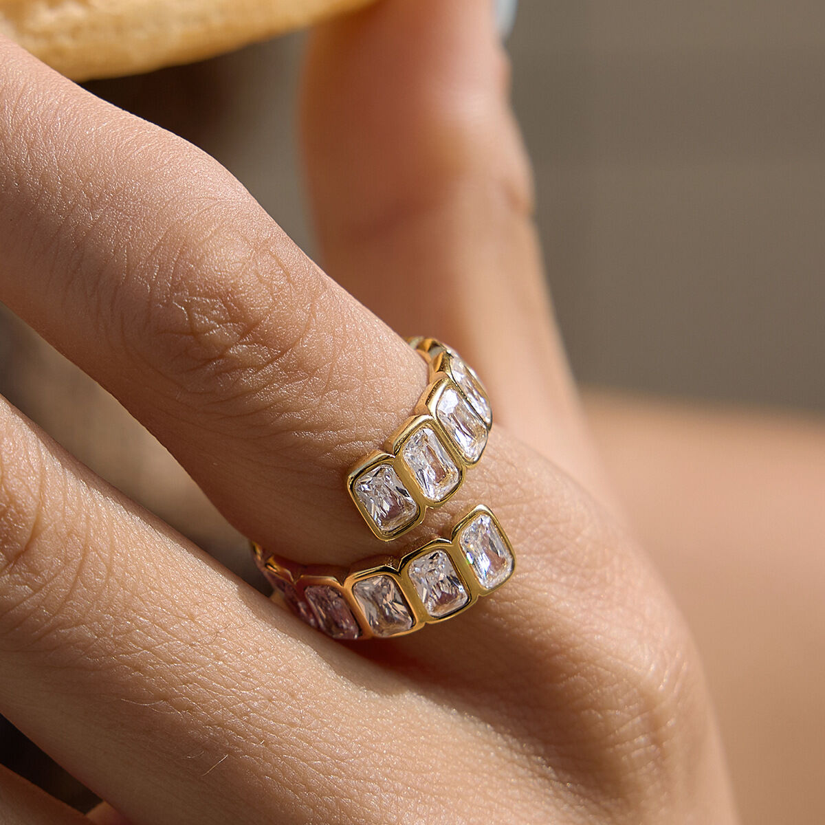 Luxurious Rectangle Stainless Steel Waterproof Gold Color Zircon Women's Gemstone Rings h5 Picture2