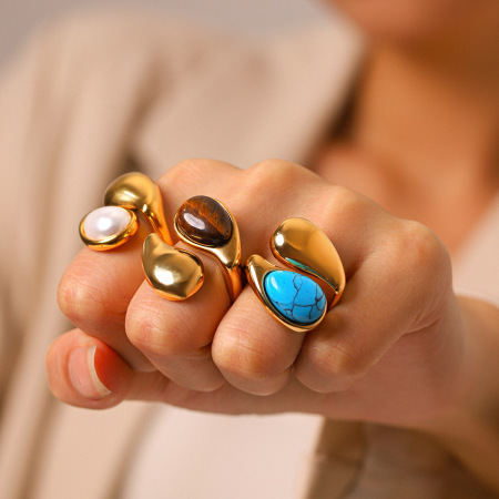 Ellipse Shape Stainless Steel Gold Color Natural Stone Pearl Women's Gemstone Rings
