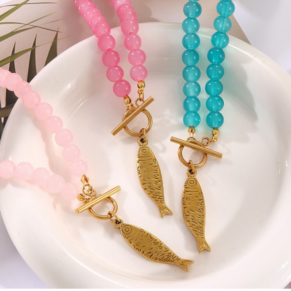 Vacation Glass Beads Stainless Steel Fish Pendant Women's Beaded Necklaces h5 Picture2