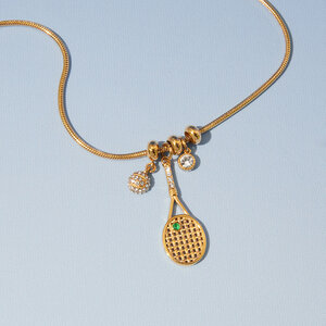 Collana con ciondolo da donna a forma di racchetta da tennis in acciaio inossidabile color oro impermeabile con zirconi. h5 Immagine3