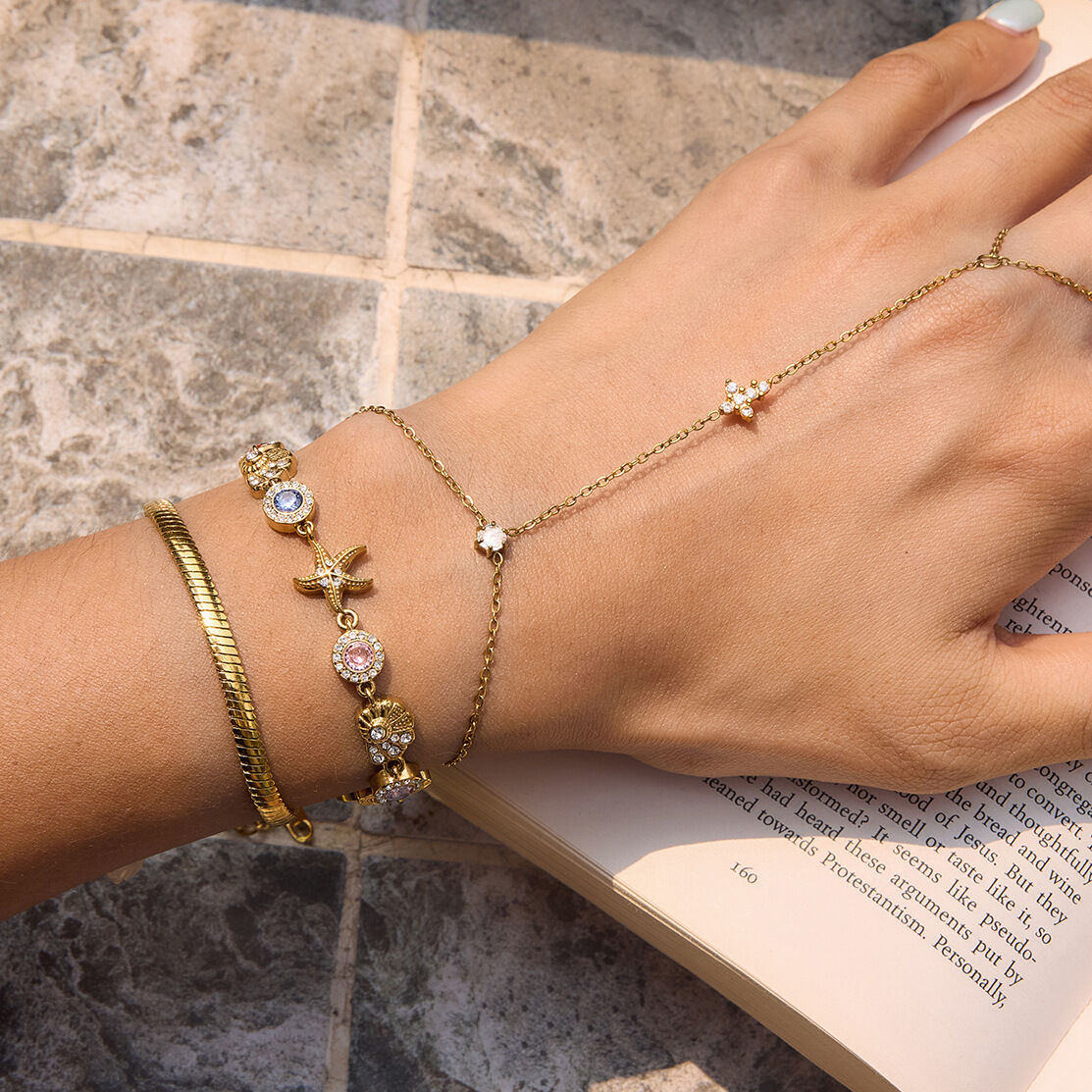 Luxurious Sweet Chain Shell Starfish Stainless Steel Waterproof   Gold Color  Zircon Women's Chain Bracelets Picture4