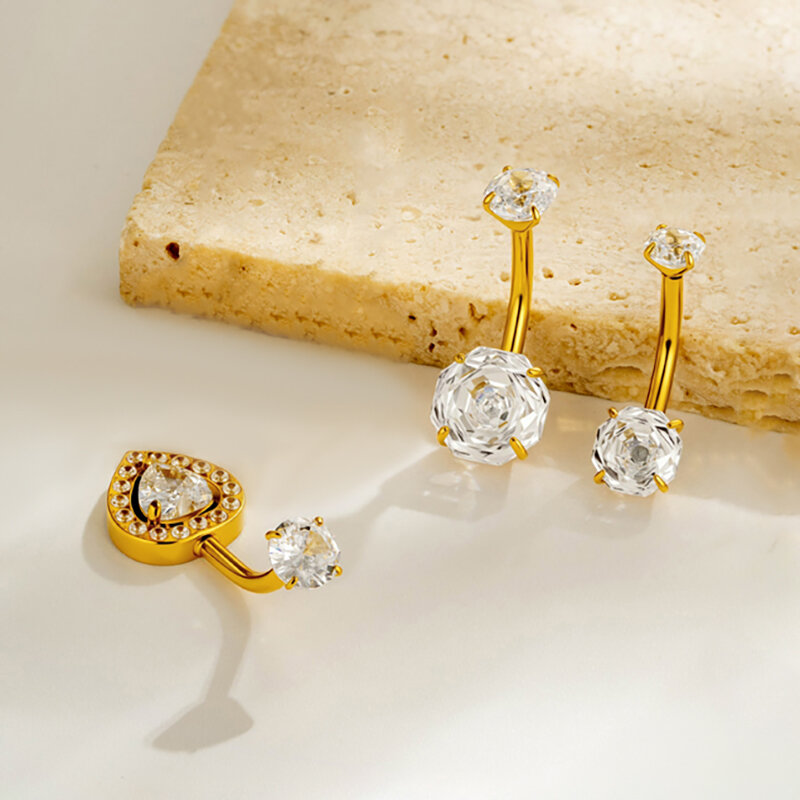 Simple Series Bauchnabelpiercings aus Edelstahl mit Blumenherz, wasserdicht, goldfarben, mit Zirkonia h5 Bild4