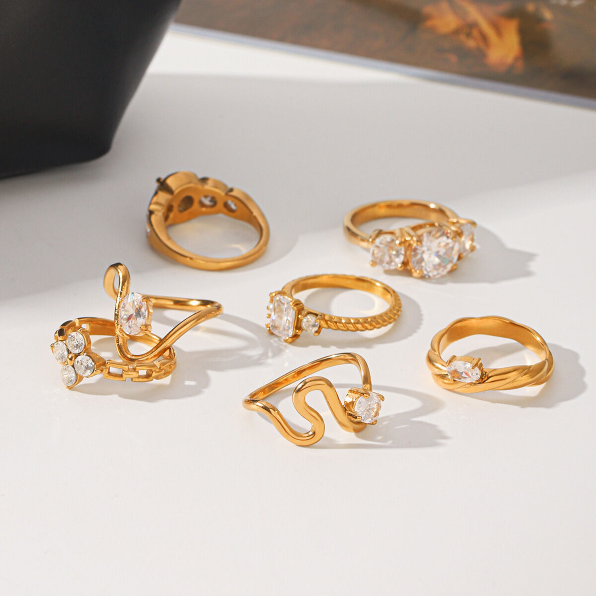 Luxurious  Daily Irregular Shape Stainless Steel Waterproof   Gold Color  Zircon Women's Gemstone Rings Picture3