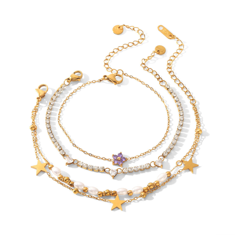 Einfaches, alltagstaugliches Armband mit Blumen- und Sternenmotiv aus Edelstahl, wasserdicht, goldfarben, mit Zirkonia-Verzierung h5Bild6