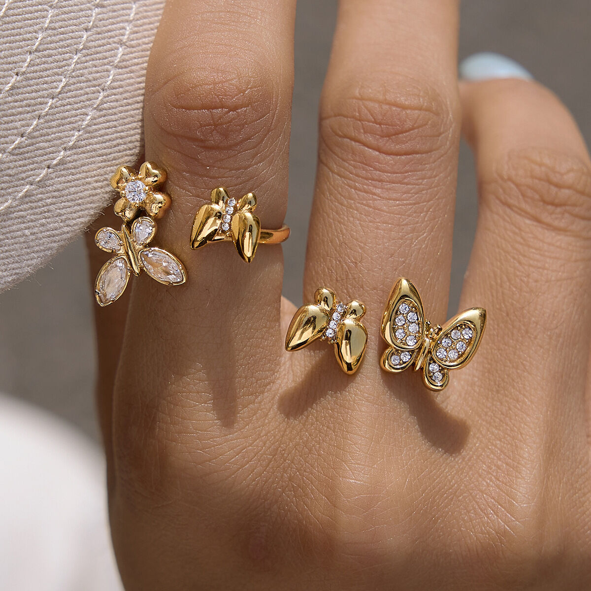Romantic Series Sweet Butterfly Stainless Steel Waterproof Gold Color  Zircon Statement Rings