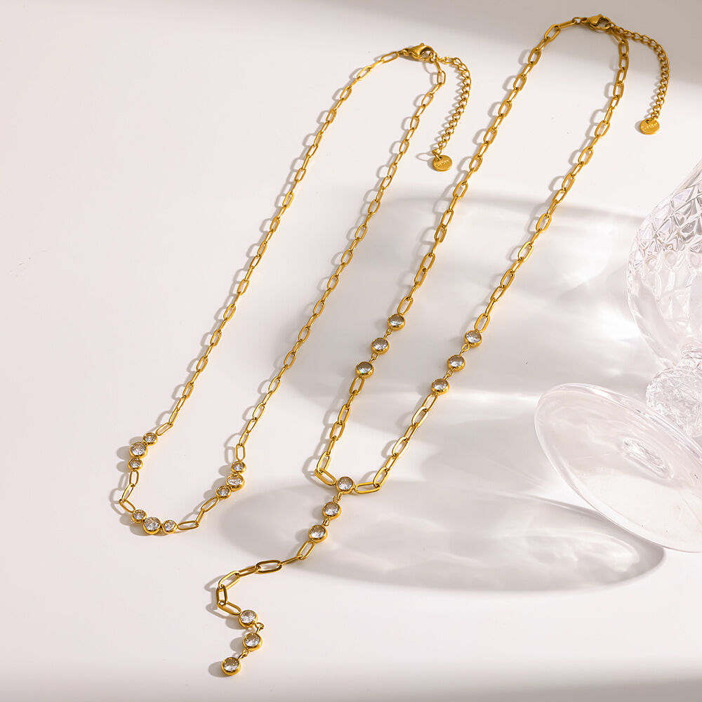 Classic Geometric Shape Stainless Steel Waterproof Gold Color Zircon Women's Pendant Necklaces h5Picture3